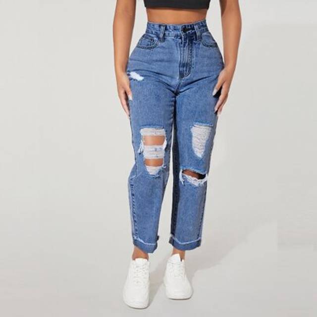 SHEIN High Waist Ripped Roll Up Hem Straight Leg Jeans