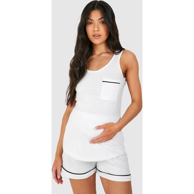 Womens Maternity Piped Vest And Short Pyjama Set - White - 16