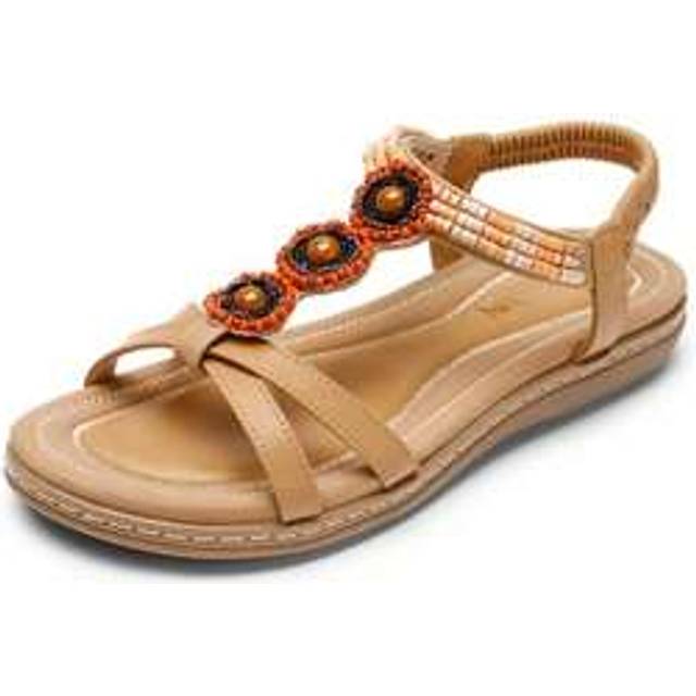 SHEIN Womens Flat Sandals T-Bar Elastic Slingback Bohemian Summer Beach Holiday Sandals