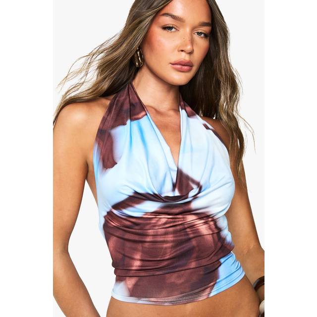 Womens Floral Printed Soft Satin Cowl Neck Halter Top - Blue - 10, Blue