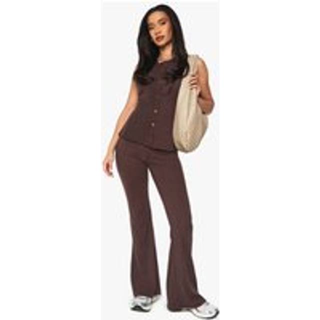 Womens Rib Button Through Sleeveless Top And Trouser Set - Brown - 6, Brown