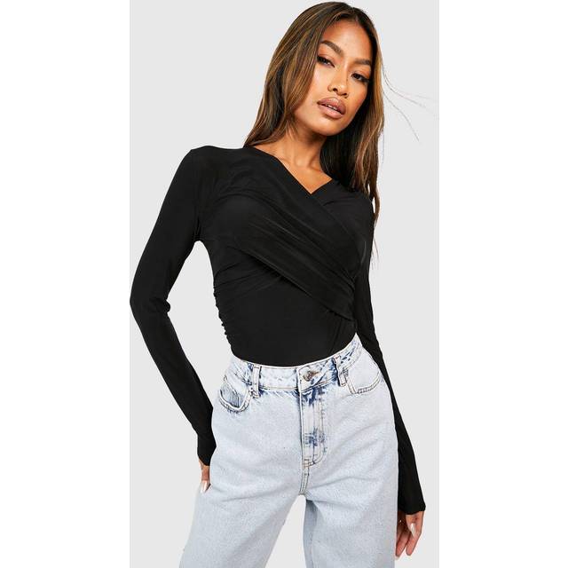 Womens Slinky Drape Wrap Front Long Sleeve Top - Black - 16, Black