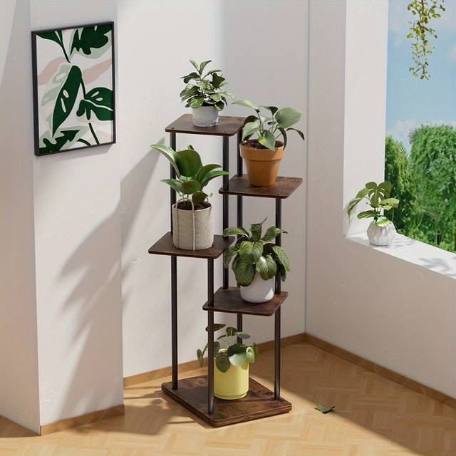 TEMU 5 Tiers Plant Stand Indoor Outdoor Corner Metal Plant Shelf For Multiple Plants, Tall Flower Stand For Patio Garden Room Bedroom, Black