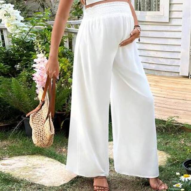 SHEIN Maternity Pants With Folding Waistband, White Chiffon Trousers, Double Layer