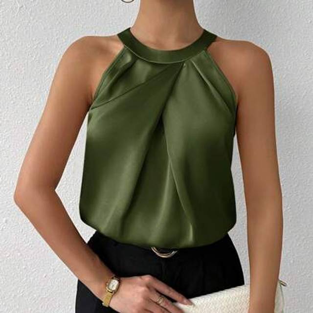SHEIN Women&#39;s Elegant Champagne Solid Color Sleeveless Blouse With Collar And Pleated Detail, Suitable For Daily Office Wear