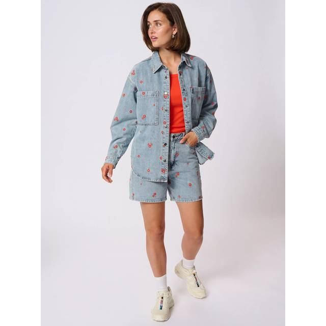 KAFFE Ababeth Embroidered Floral Denim Jacket, Blue Denim/Red