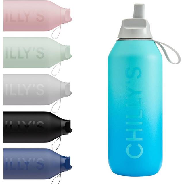 Chilly's Series 2 Flip Water Bottle with Sports Flip Lid, Telescopic Straw and Nylon Carry Loop - Easy Flip Lid, Straw Cleaning Brush Included - 500ml