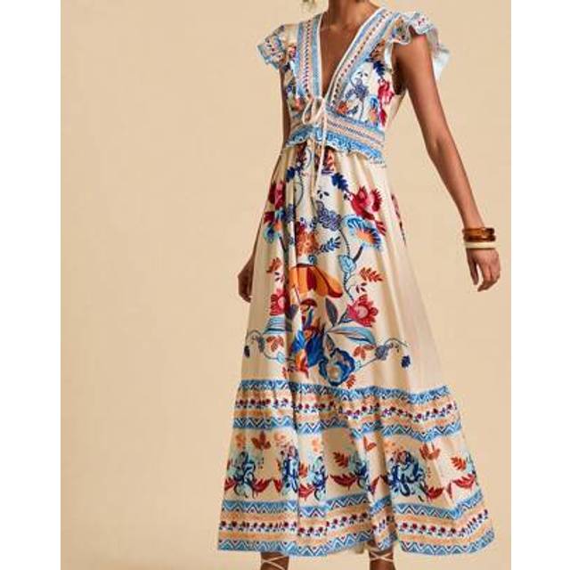 Travachic Woven Floral Print Women&#39;s Plunge V-Neck Tied Front Maxi Vacation Dress,Summer Outfits For Women,Beachwear,Spring And Summer,Easter,Holiday Outfits,Be