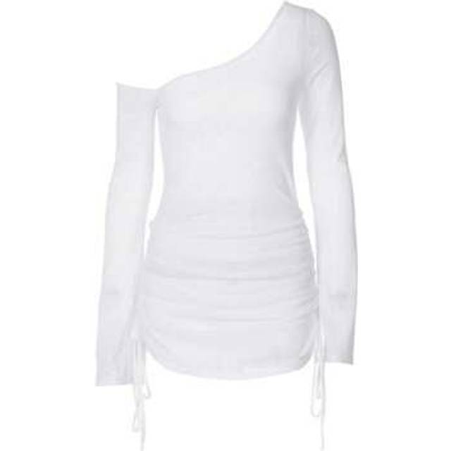 SHEIN Women Off-Shoulder Dress Sheer Drawstring Ruched Long Sleeve Party Mini Dress For Beach Cocktail Club Streetwear