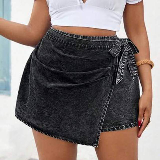 Slaydiva Plus Size Black Denim Splice Casual Fitted Shorts Black Denim Skirt Plus Size Denim Skirt Denim Skirt Wrap Denim Skirt Curve Denim Skirt