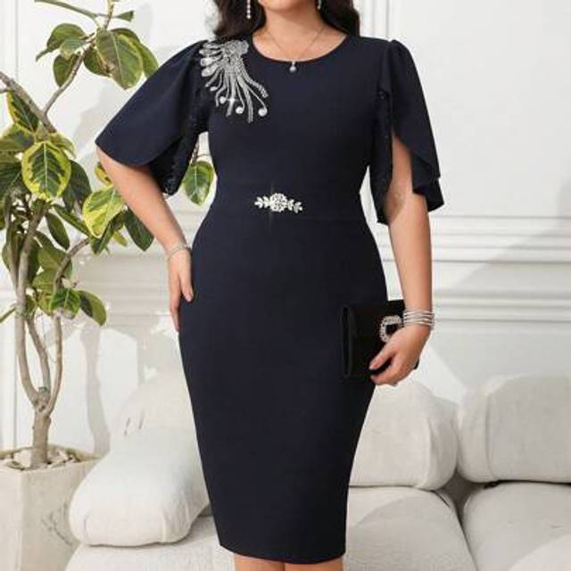 Chikora Curvy Plus Size Women&#39;s Romantic And Elegant Black Bud Sleeve Waist And Hip Dress, Shiny Applique Decoration, Business Casual Women