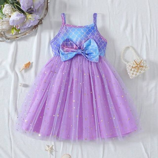 SHEIN Young Girls Prom Dress Summer Stylish Strap Mermaid Dress, Bowknot Sequins Mesh Vacay Birthday Princess Dress
