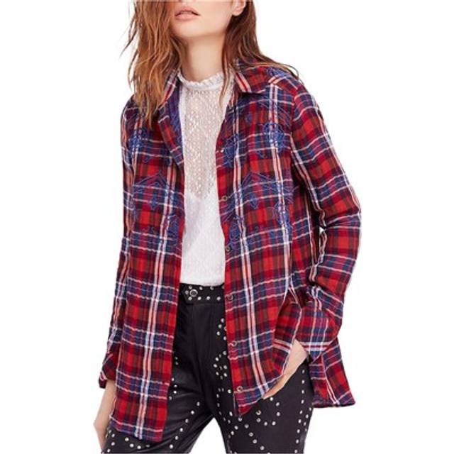 Free people womens magical plaid button up shirt, red, small