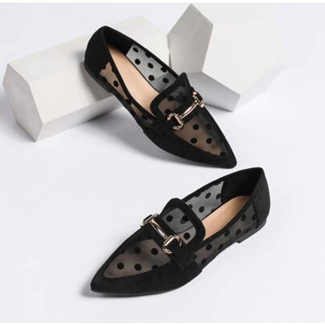 SHEIN 2025 Autumn Women Breathable Polka Dot Snaffle Decor Point Toe Flats, Fashionable Outdoor Mesh Loafer Flats