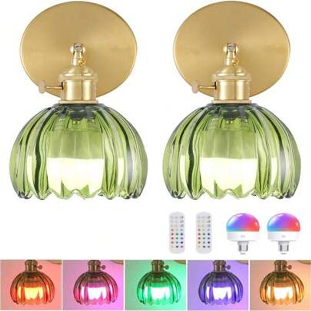 SHEIN 1pc Vintage Battery Operated Wall Sconce With Tulip Glass Lampshade ,15 Colors Selectable,3 Timer,Rechargeable Battery Powered Wall Light With Remote