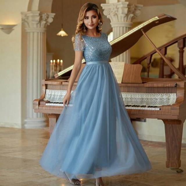 SHEIN Tulle Column Prom Dress Beaded Short Sleeves Bridesmaid Dress Elegant Dress