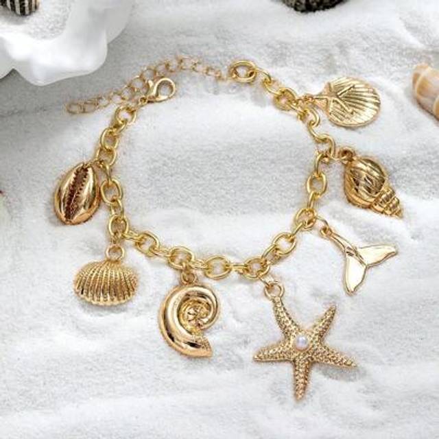 SHEIN 1pc 18K Gold Plated Alloy Starfish, Shell, Mermaid Pendant Bracelet, Suitable For Daily Wear And Vacation