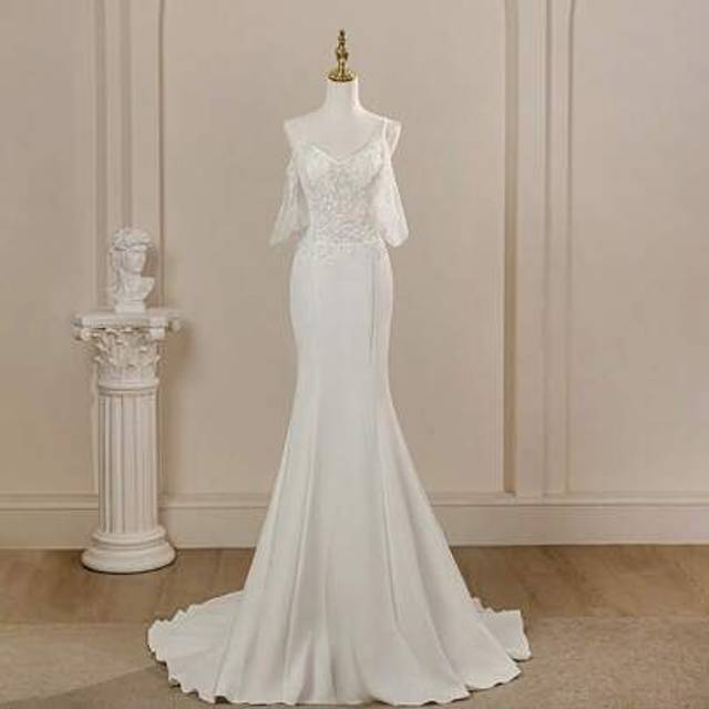 SHEIN Spaghetti Strap Pearl Beaded Satin Illusion Waist A-Line Wedding Dress With Train, Elegant & Charming