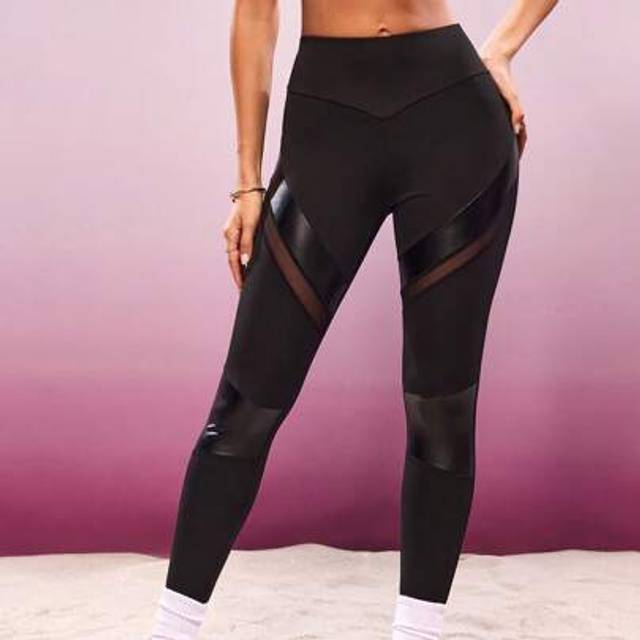 SHEIN Women&#39;s Patchwork Mesh & Faux Leather Skinny Leggings