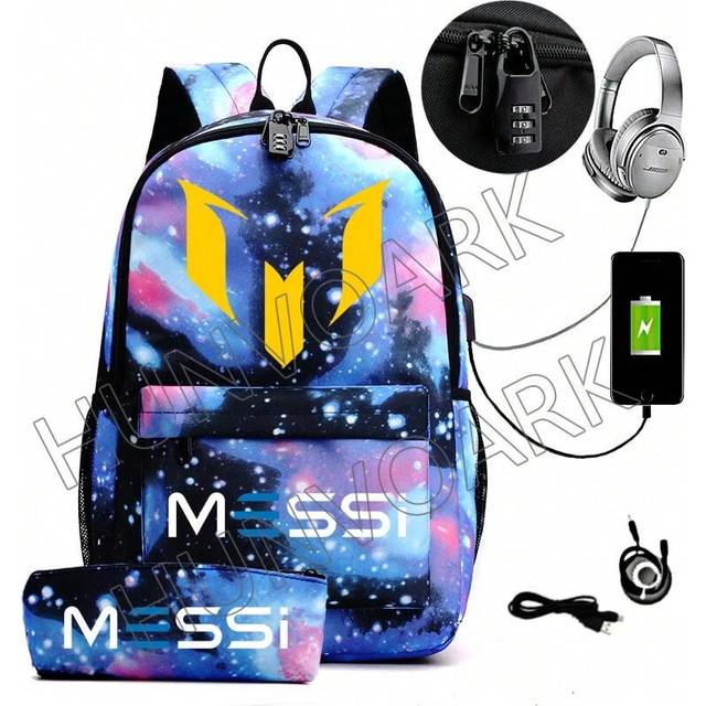 (light yellow) 2pcs Messi Backpack An-ti lock USB Women Men Capacity Teens Laptop School Bags Casual senior high school Students Mochilas