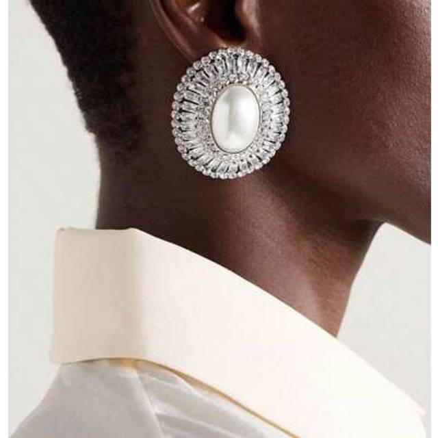 SHEIN 1 Pair Silver Oval Pearl & Rhinestone Decorated Clip-On Earrings, Elegant For Parties
