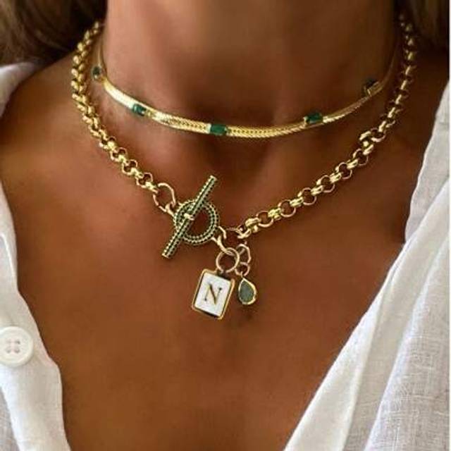 SHEIN 1Pc Women&#39;s Necklace With A Green Diamond Ot Buckle, A Letter Pendant And A Water Drop Pearl Green Diamond Pendant. The Initials Necklace Is High-End,
