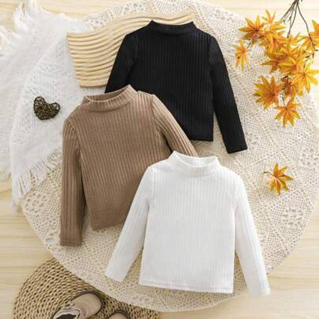 SHEIN 3pcs/Set Baby Girl Solid Color Knitted Stretchy Long Sleeve Tops, Autumn/Winter