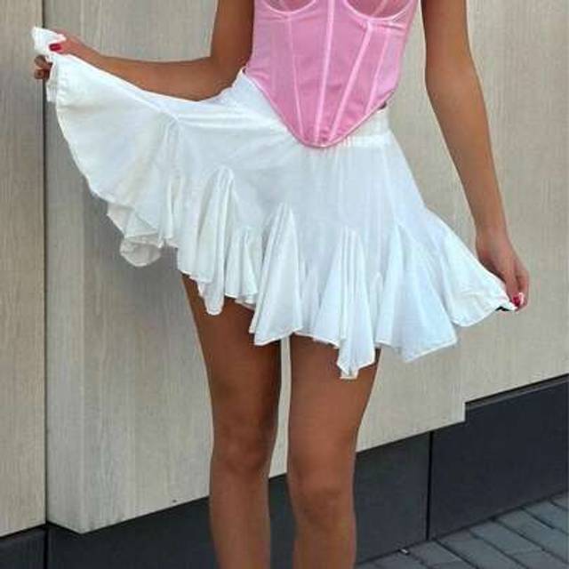 SHEIN Y2K Boho White Flowy Pleated Skater Skirt Basic Casual High Waisted Ruffles Flared Cute Mini Skirts Summer Vacation Outfits For Women