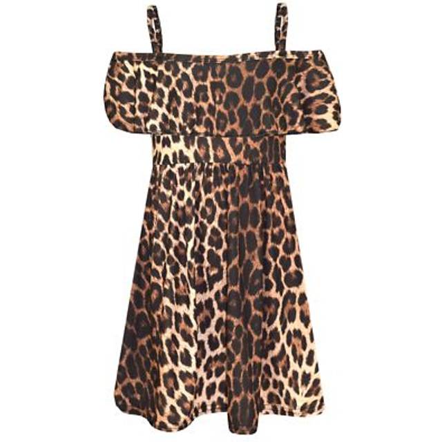 Girls skater dress kids leopard print summer party off shoulder dresses 7-13 yr