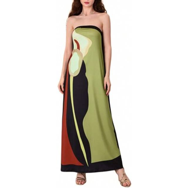 SHEIN Women&#39;s Summer Strapless Long Dress Sleeveless Abstract Print Loose Tube Dress For  Beach
