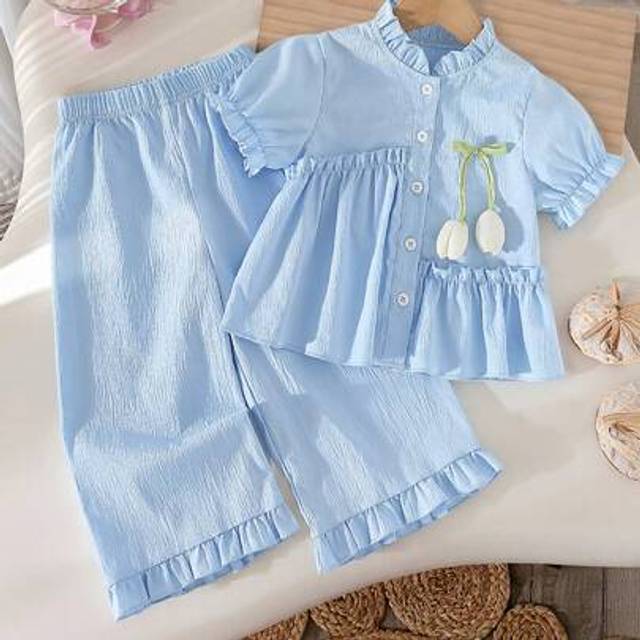 SHEIN Cute Sweet 2pcs Girls Set, Featuring Puff Sleeve Crop Top With Ruffle Hem Design Paired With Matching Green Bow Decor White Tulip Pants Outfits For Gi