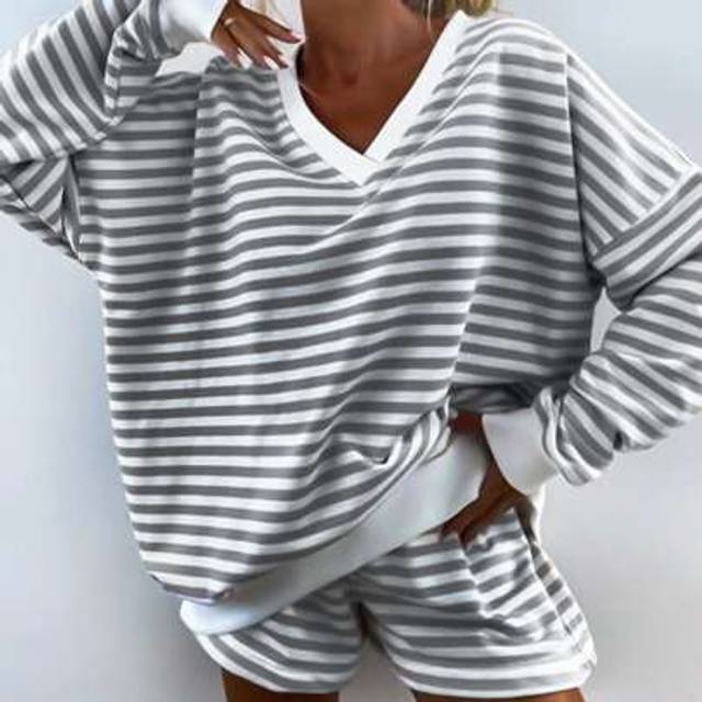 SHEIN Women&#39;s Striped Long Sleeve V-Neck Pajama Top & Shorts Casual Homewear Set Outfit