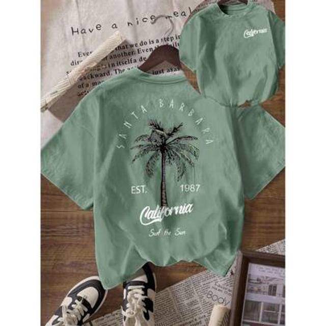 SHEIN Coconut Tree &#34;California Summer Beach Vacation&#34; Casual Round Neck Short Sleeve Women T-Shirt