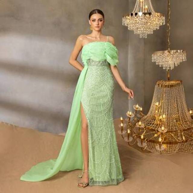 Faeriesty Elegant Off-Shoulder Evening Gown With Back-Tie Detail, High Slit & Side Train â Sophisticated Formal Dress For Red Carpet Galas, Black-Tie Dinners,