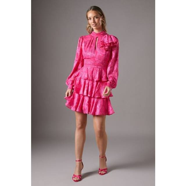 Jacquard Tiered Mini Dress - Pink - 12