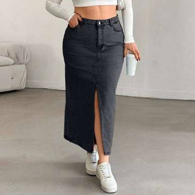 RueChic Plus High Waist Front Slit Denim Skirt