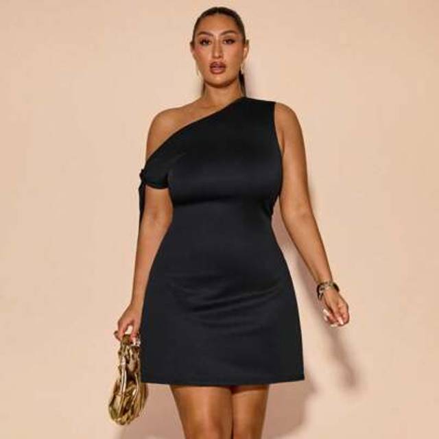SHEIN Plus Size Women Spring/Summer Asymmetric Neck Self-Tie Bodycon Elegant A-Line Peplum Dress, Black,4th Of July Curve,Beach Outfit For Women,Airport Out