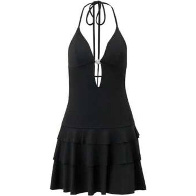 SHEIN Women&#39;s Summer Halter Dress Backless Slim Layered Ruffled Hem A-Line Shorts Cake Dress