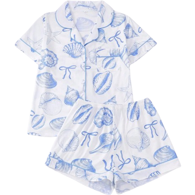 SHEIN 2pcs/Set Women&#39;s Ocean Shell Print Pajamas Set, Short Sleeve Shirt With Collar & Button, And Elastic Waist Shorts, Suitable For Holiday Party, Casual