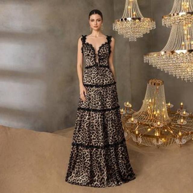 SHEIN Retro Leopard Print Multi-Layered Gown With Lace-Trimmed Bodice â Classic Evening Party Dress For Special Occasions, Fashion Shows, Night Out