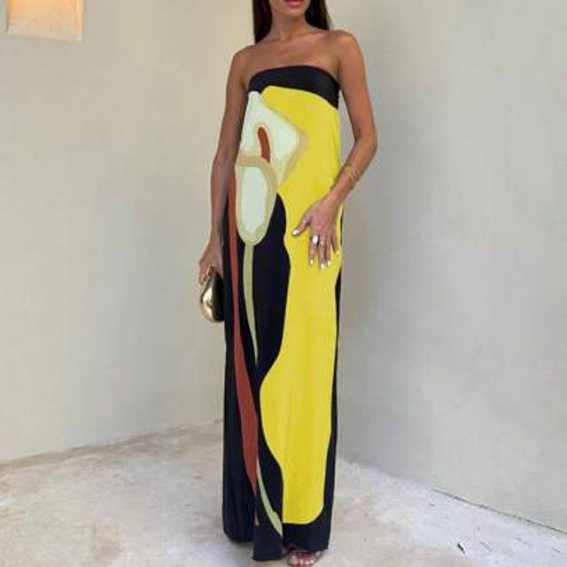 SHEIN Women&#39;s Summer Strapless Long Dress Sleeveless Abstract Print Loose Tube Dress For  Beach