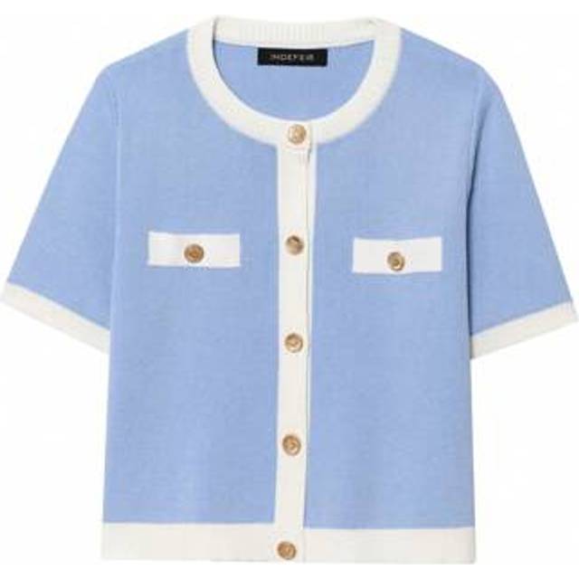 SHEIN Seelio Women&#39;s New Colorblock Button Crew Neck Fitted Short Sleeve Knit Sweater