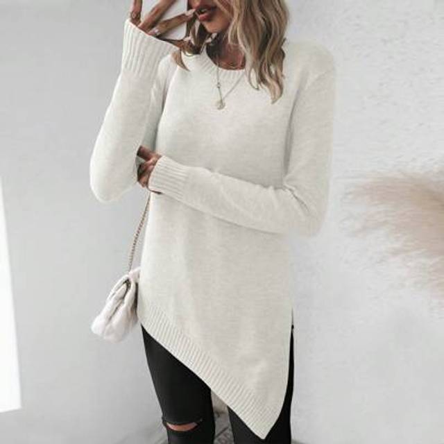 Calvaya Women&#39;s Plain Crewneck Long Sleeve Asymmetric Hem Casual Sweater, Autumn Winter,Long Sleeve Tops