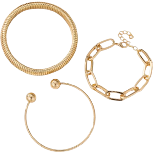 SHEIN 3PCS Golden Bangles For Women Chunky Stretch Multi Layer Stacked Metal Chain Bangles Bracelets Flexible Wide Wristband Cuff Bracelets Set Of 3 Jewelry