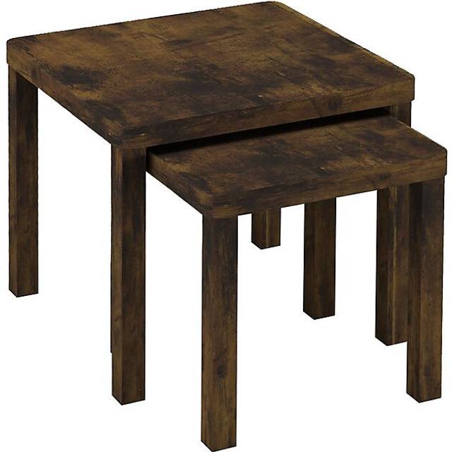 (Rustic Brown) Set of 2 Square Wooden Nesting Stacking Coffee Side Tables Living Room Furniture