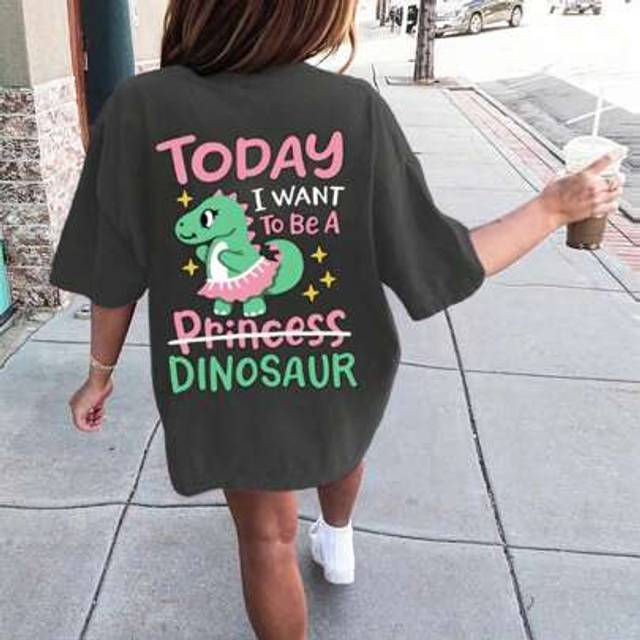 SHEIN Tween Girls Cute Dinosaur Print Round Neck T-Shirt, Summer Top