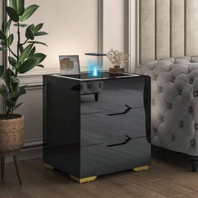 SHEIN Smart Bedside Table With Wireless Charging, Side Table With LED Light And USB Charging Station, Smart Nightstand High Gloss End Table Night Stand Orga