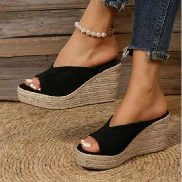 SHEIN Women&#39;s Velvet Hemp Rope Fashion Lightweight Wedge Slide Slippers