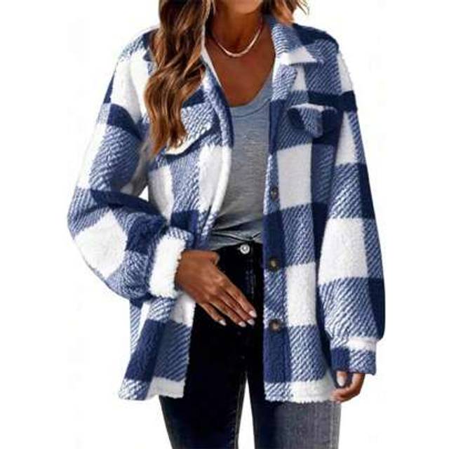 SHEIN Women Spring Fall Plaid Jacket Long Sleeve Turn Down Collar Button Closure Casual Jacket Outwear Streetwear