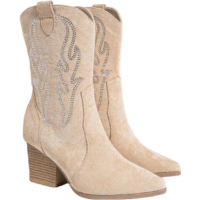 Styleloop Women Pointed Toe Chunky Heel Mid Calf Boots Side Zipper Faux Suede Brown Rhinestone Western Style Riding Boots For Spring Shoes Spring Break Easter